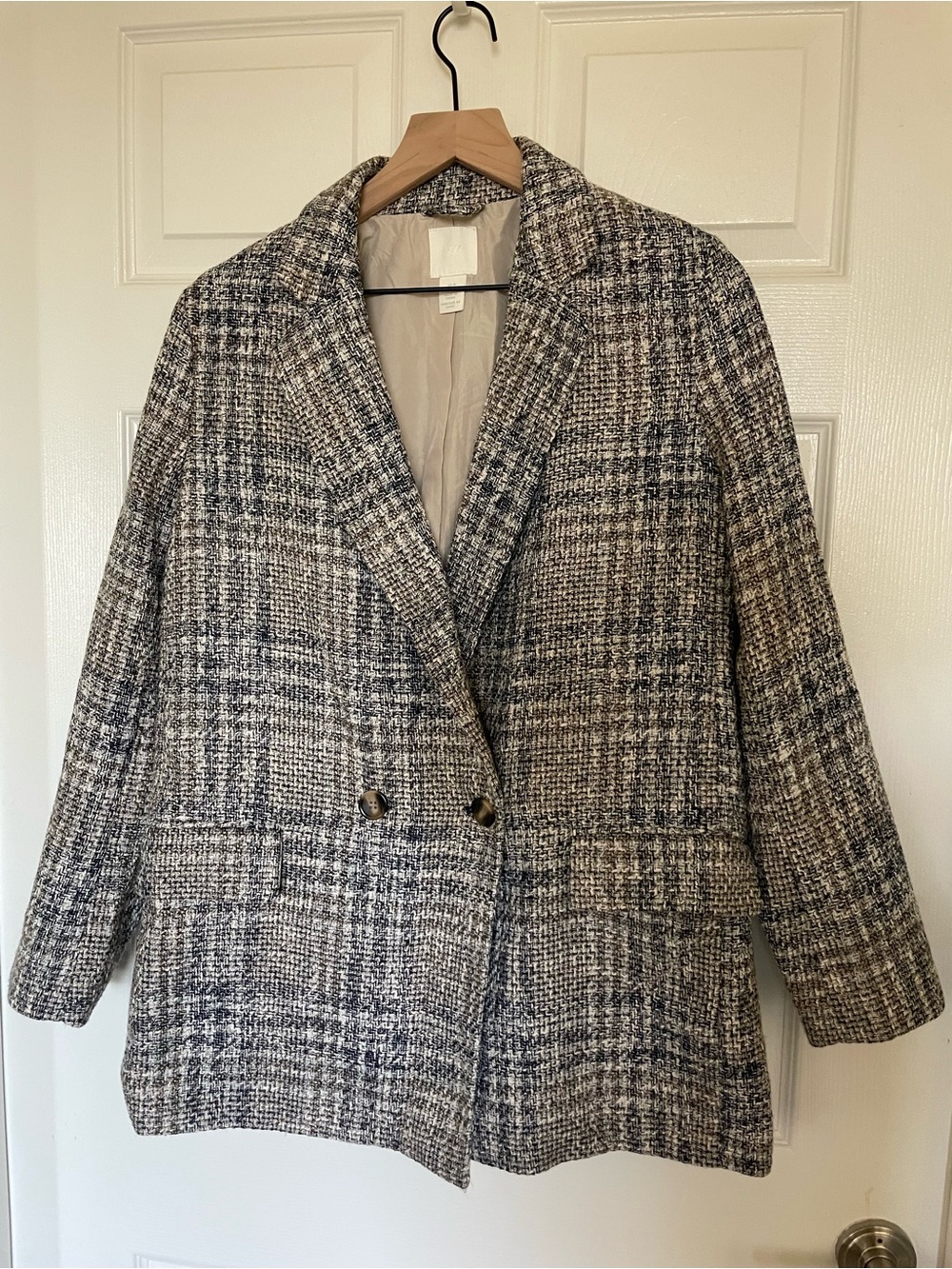 H&M Blue & Tan Textured Oversized Plaid Double-Breasted Blazer
